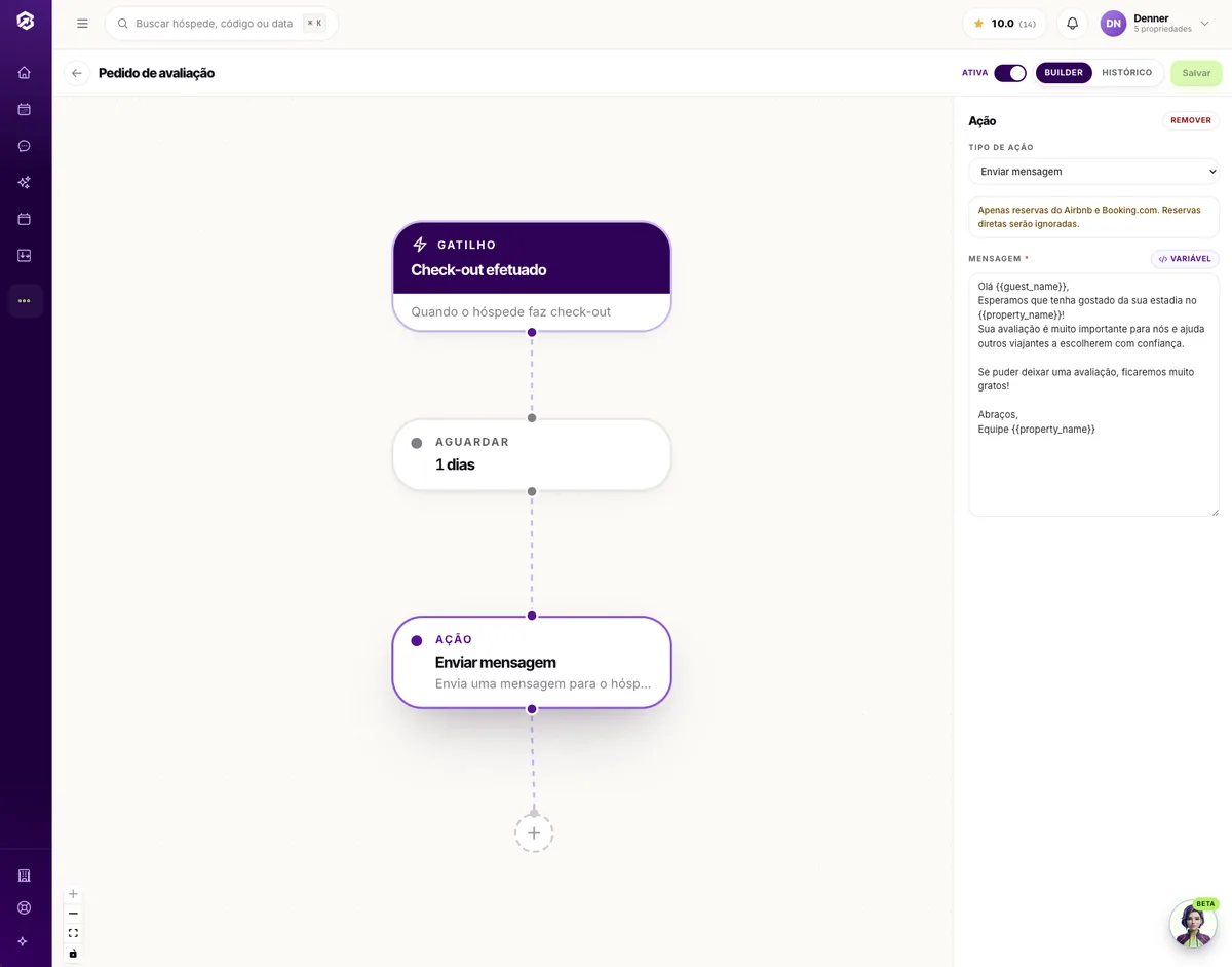 Editor visual de automações do SmartOwners, com gatilho, condição e ações ligados em fluxo