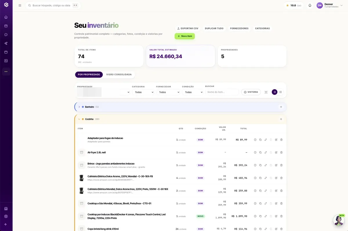 Tela de inventário do SmartOwners com itens por imóvel, categorias e quantidades